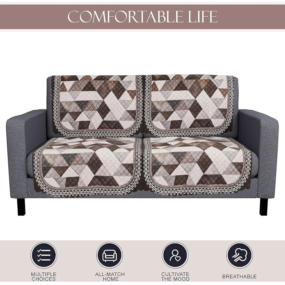 Kuber Industries Set of 4 Durable 2 Seater Sofa Cover for Living Room | Easy Machine Washable Sofe ke cover for Protection & Comfort for Home Furniture | Triangle Print - White & Brown